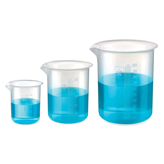 Bello Polypropylene Plastic Beaker 25ml, 500ml, 1000ml with Graduation Marks, Set of 3 Beakers for school collage chemistry lab laboratory