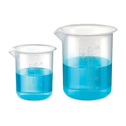 Bello Polypropylene Plastic Beaker 25ml, 500ml with Graduation Marks, Set of 2 Beakers for school collage chemistry lab laboratory