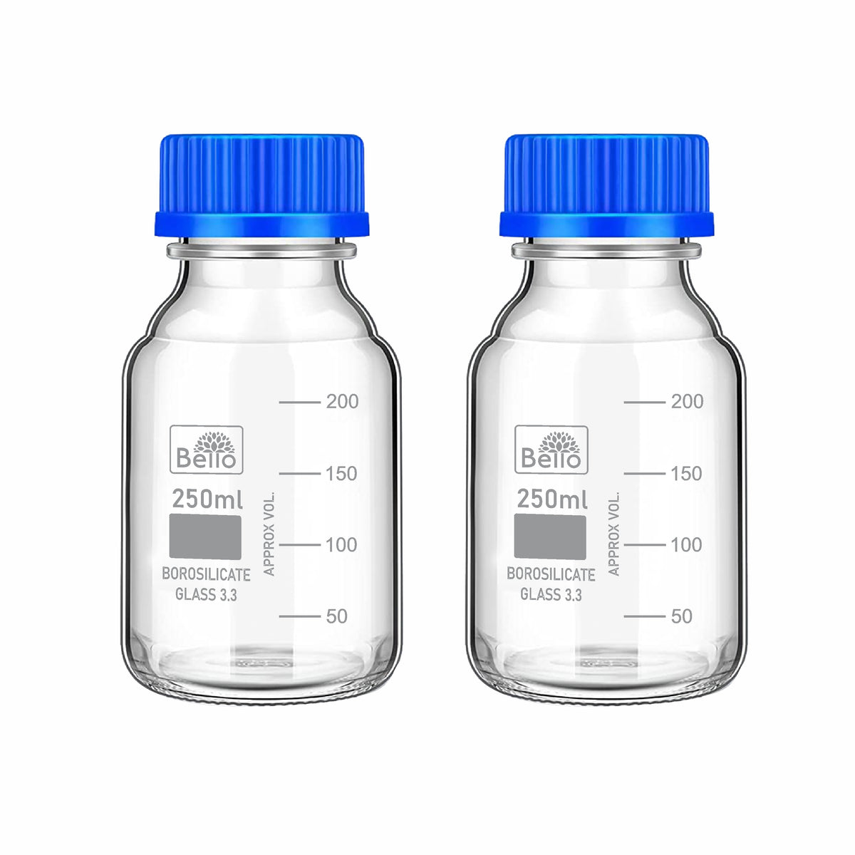 Bello Borosilicate Glass reagent bottle with leak proof Blue Screw Cap for glassware wide mouth Sample bottles for Liquid, lab, laboratory, kitchen and professional use