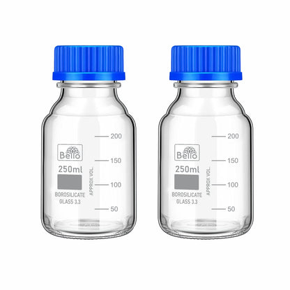 Bello Borosilicate Glass Reagent Bottle 250ml with Leak Proof Blue Screw Cap Pack of 2 for Laboratory, Kitchen and Professional Use - Wide Mouth Chemical Bottles
