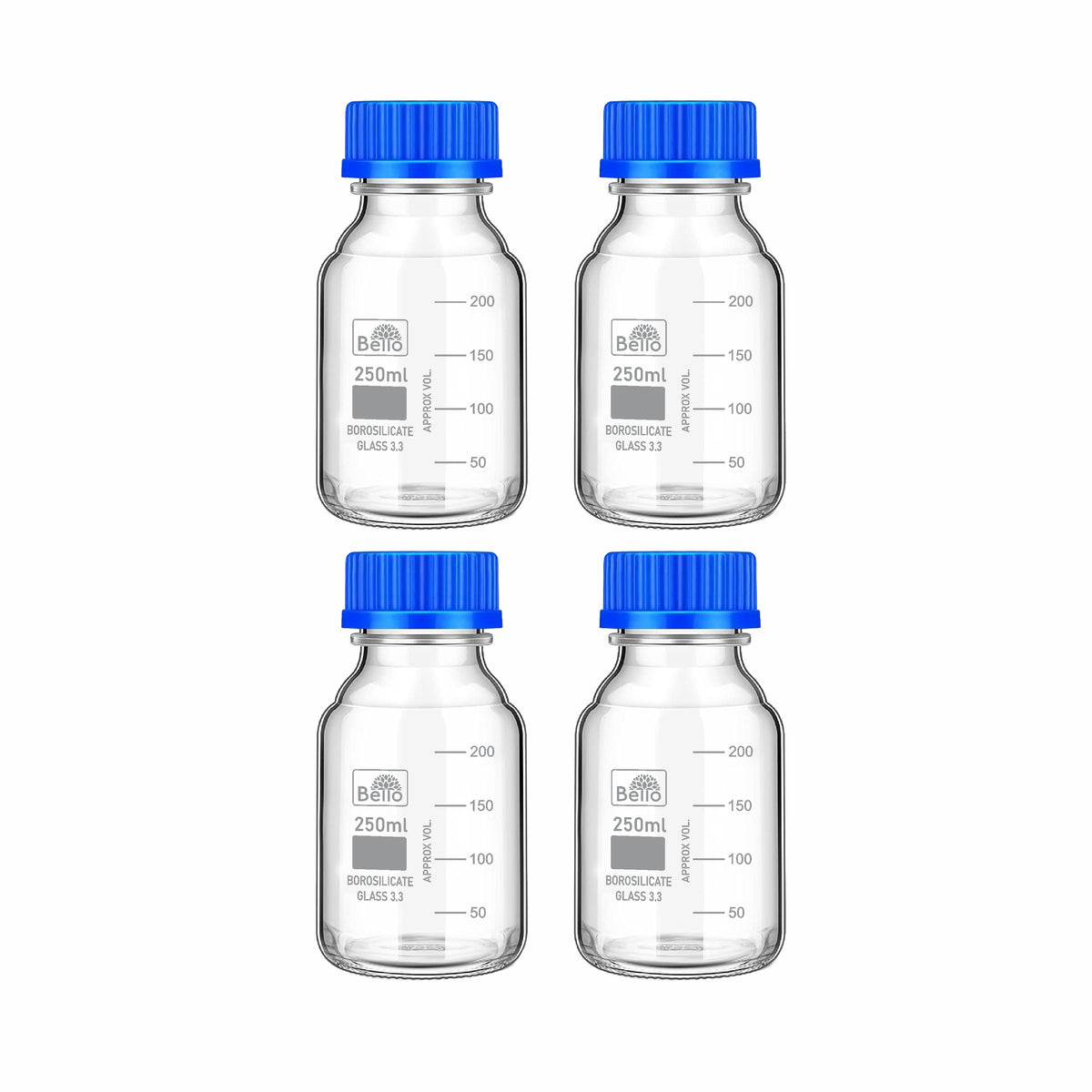 Bello Borosilicate Glass reagent bottle with leak proof Blue Screw Cap for glassware wide mouth Sample bottles for Liquid, lab, laboratory, kitchen and professional use