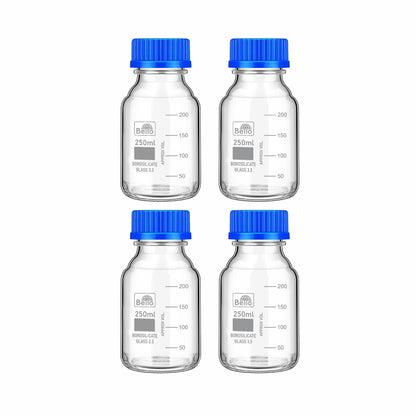Bello Borosilicate Glass reagent bottle with leak proof Blue Screw Cap for glassware wide mouth Sample bottles for Liquid, lab, laboratory, kitchen and professional use