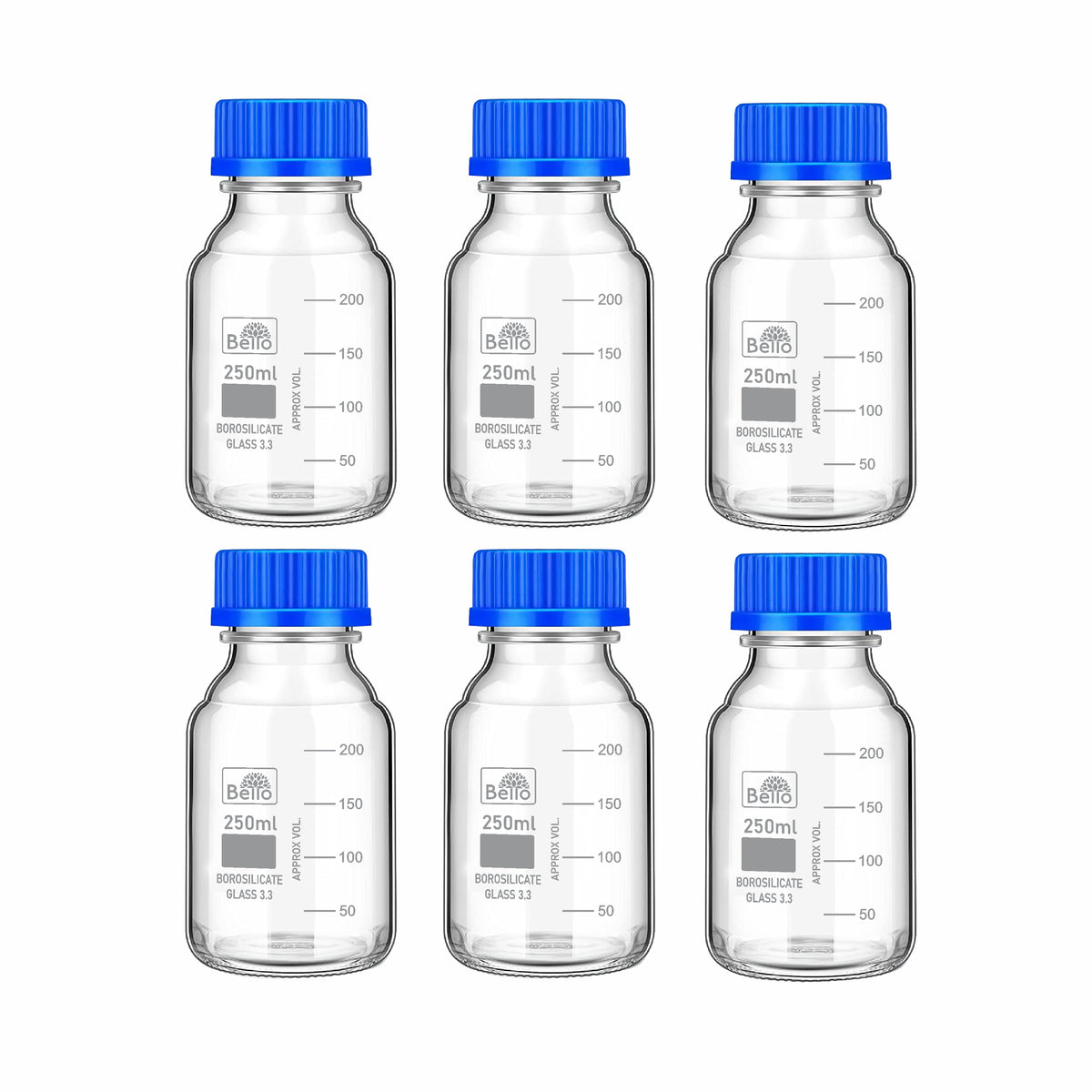 Bello Borosilicate Glass reagent bottle with leak proof Blue Screw Cap for glassware wide mouth Sample bottles for Liquid, lab, laboratory, kitchen and professional use