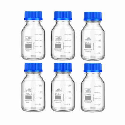 Bello Borosilicate Glass reagent bottle with leak proof Blue Screw Cap for glassware wide mouth Sample bottles for Liquid, lab, laboratory, kitchen and professional use