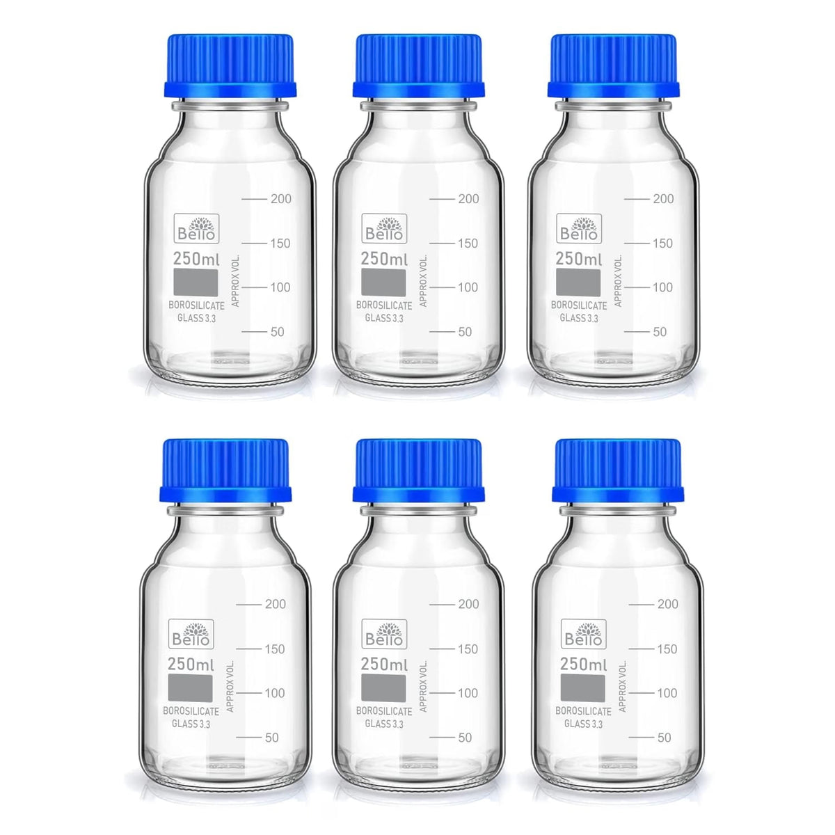 Bello Borosilicate Glass reagent bottle 250ml with leak proof Blue Screw Cap pack of 6 for glassware wide mouth Sample bottles for Liquid, lab, laboratory, kitchen and professional use