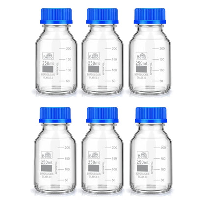 Bello Borosilicate Glass reagent bottle 250ml with leak proof Blue Screw Cap pack of 6 for glassware wide mouth Sample bottles for Liquid, lab, laboratory, kitchen and professional use