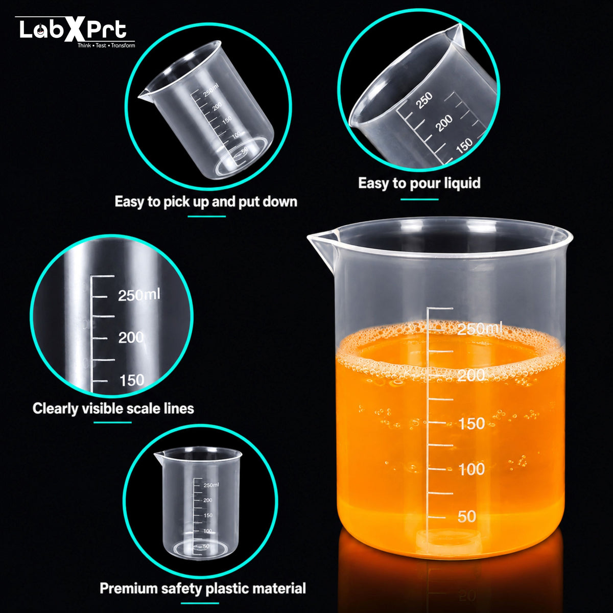 Labxprt Polypropylene Plastic Beaker 50ml, 500ml,1000ml with Graduation Marks, Set of 3 Transparent Reusable for Laboratory, Kitchen, Cooking, Liquid & Solid Measurement | Embossed Scale