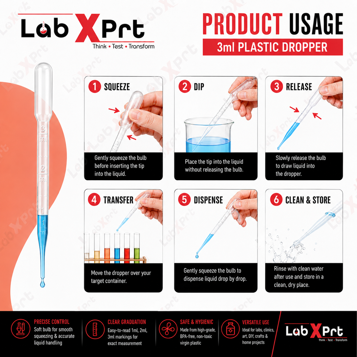 Labxprt Plastic Transfer Pipettes Dropper, Graduated Liquid Transfer Droppers with Clear Measurement Markings for Laboratory, DIY, Crafts, Essential Oils, Cosmetics, Perfume
