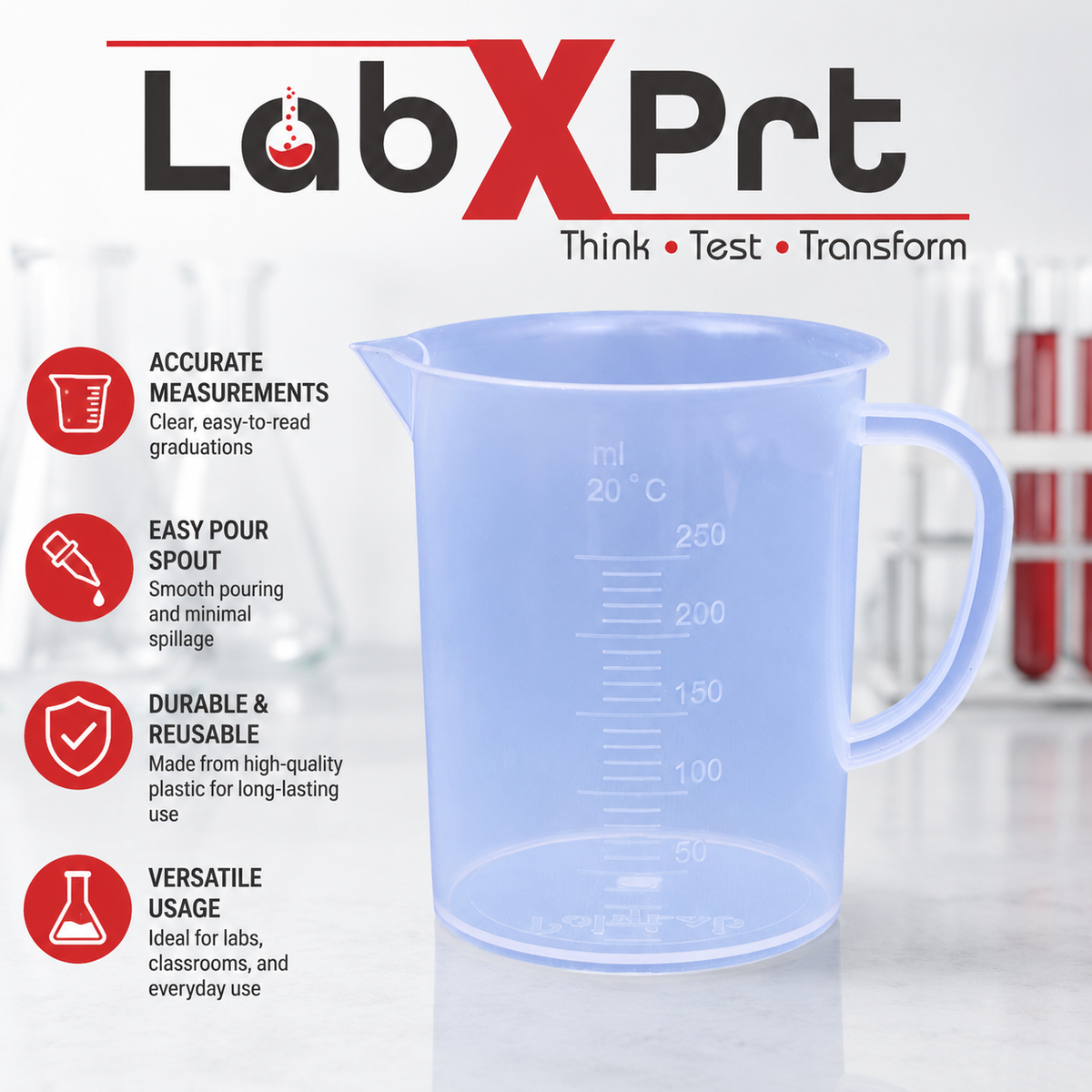 Labxprt Polypropylene Measuring Jug  with Handle, Easy Pour Spout & Graduation Scale, Reusable Plastic Measuring Container for Kitchen, Laboratory & Industrial Use.