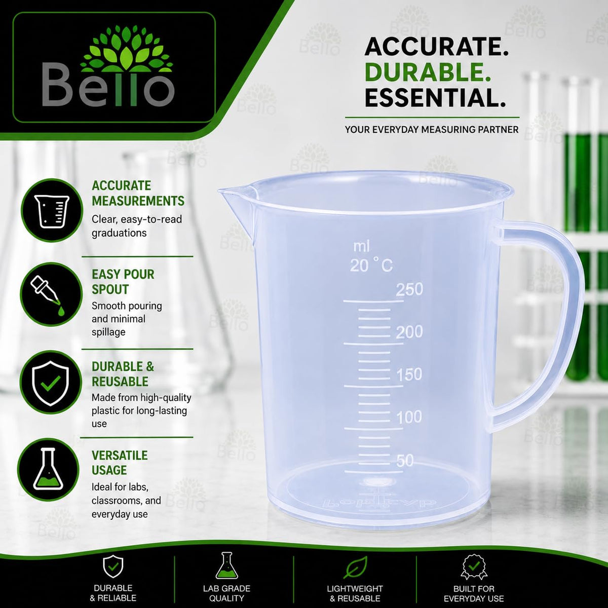 Bello Polypropylene Measuring Jug with Handle Pour Spout Container for Kitchen Lab