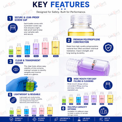 LABXPRT Polypropylene Wide Mouth Reagent Bottles, Translucent Plastic Sample Storage Containers with Screw Cap, Laboratory Water Sample & Liquid Storage Bottles,
