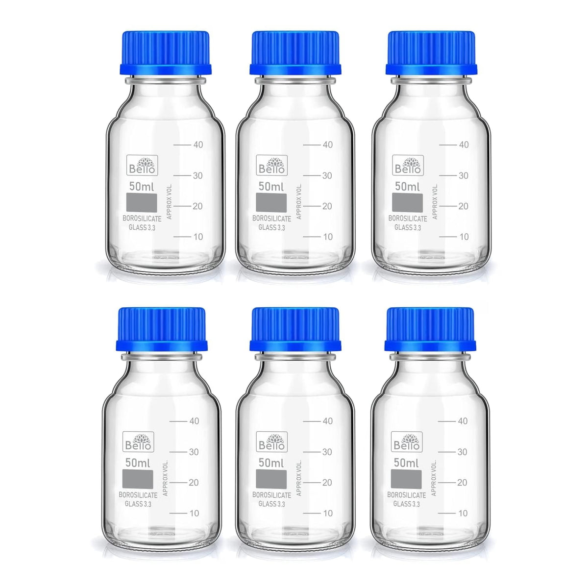 Bello Borosilicate Glass reagent bottle 50ml with leak proof Blue Screw Cap pack of 6pcs for glassware wide mouth chemical bottles for lab, laboratory, kitchen and professional use