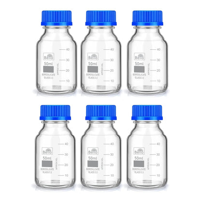Bello Borosilicate Glass reagent bottle 50ml with leak proof Blue Screw Cap pack of 6pcs for glassware wide mouth chemical bottles for lab, laboratory, kitchen and professional use