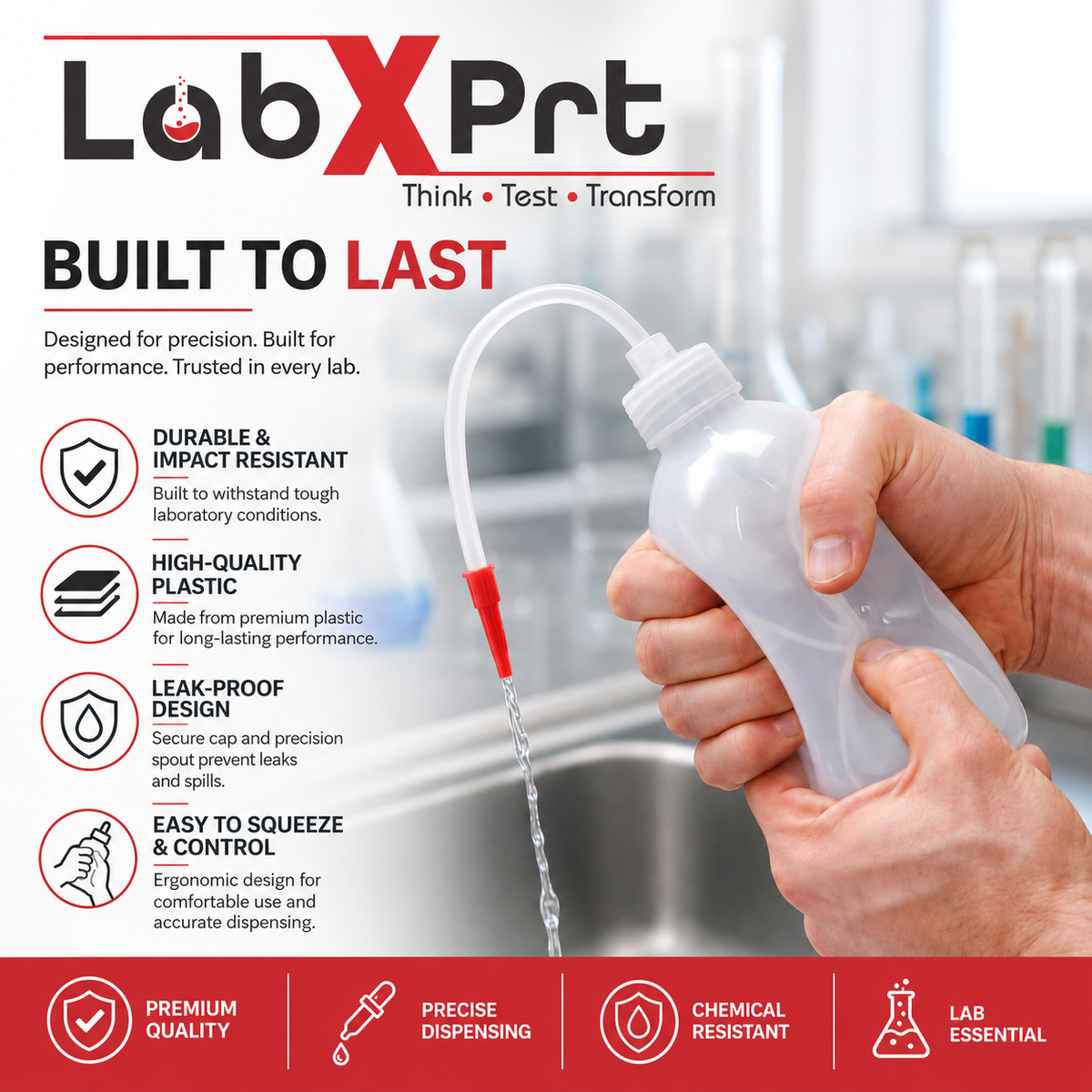 Labxprt Polypropylene Wash Bottle Screw Cap with Flexible Tube for Dispensing Liquid -for lab laboratories scientific Chemistry