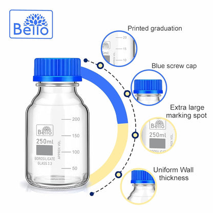Bello Borosilicate Glass reagent bottle with leak proof Blue Screw Cap for glassware wide mouth Sample bottles for Liquid, lab, laboratory, kitchen and professional use
