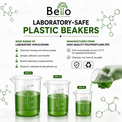 Bello Polypropylene Plastic Beaker 100 ml, 250 ml, 500 ml, 1000 ml with Graduation Marks, Set of 4 Beakers