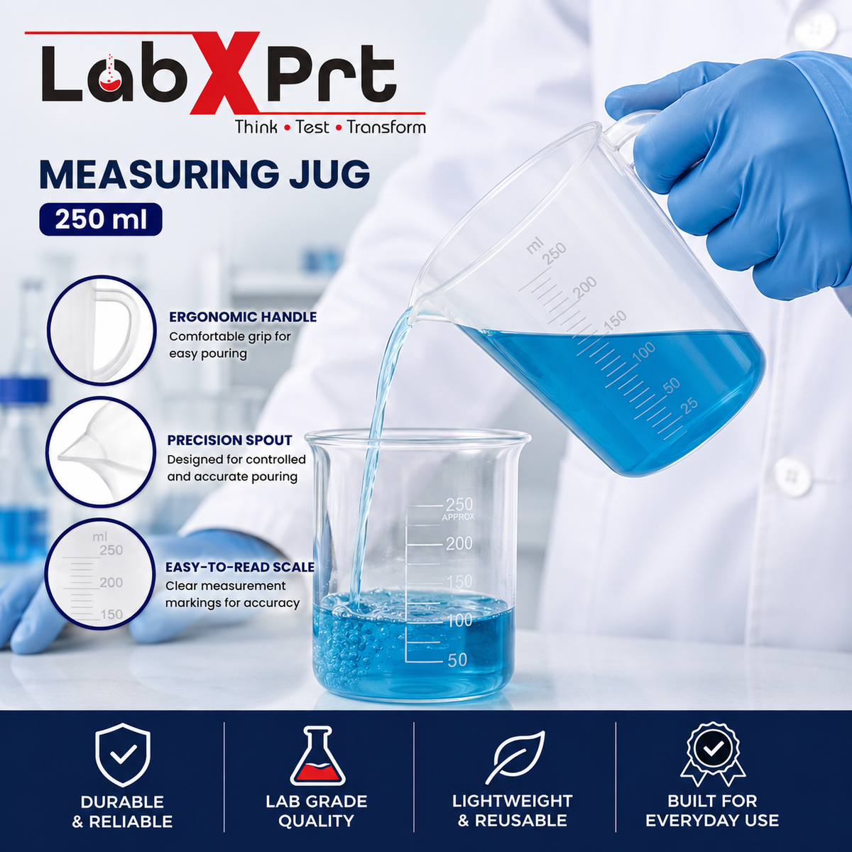 Labxprt Polypropylene Measuring Jug  with Handle, Easy Pour Spout & Graduation Scale, Reusable Plastic Measuring Container for Kitchen, Laboratory & Industrial Use.