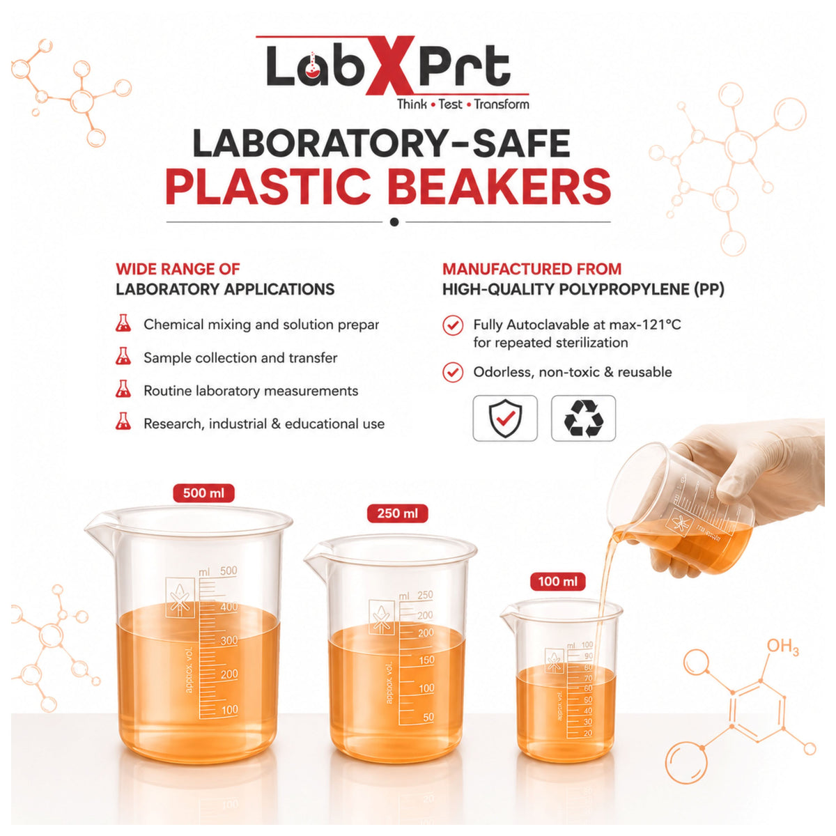 Labxprt Polypropylene Plastic Beaker 50ml, 500ml,1000ml with Graduation Marks, Set of 3 Transparent Reusable for Laboratory, Kitchen, Cooking, Liquid & Solid Measurement | Embossed Scale