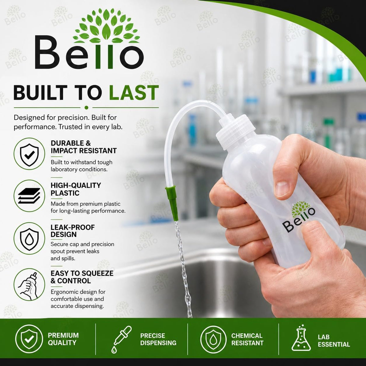 Bello Polypropylene Wash Bottle,Screw Cap with Flexible Tube for Dispensing Liquid -for lab laboratories scientific Chemistry
