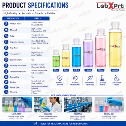 LABXPRT Polypropylene Wide Mouth Reagent Bottles, Translucent Plastic Sample Storage Containers with Screw Cap, Laboratory Water Sample & Liquid Storage Bottles,