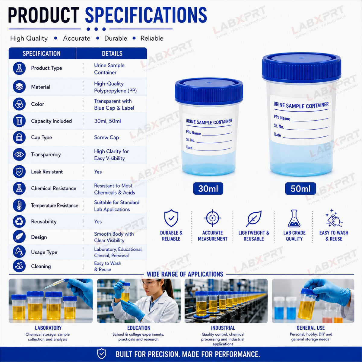 Labxprt Polypropylene Urine Sample Bottles with Lid for school collage chemistry lab laboratory Urine Sample