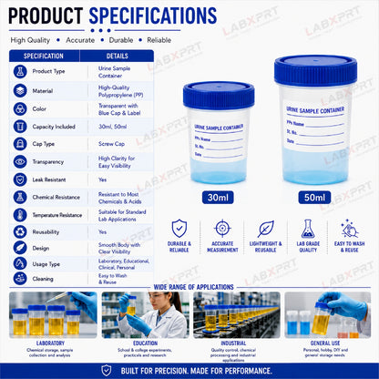 Labxprt Polypropylene Urine Sample Bottles with Lid for school collage chemistry lab laboratory Urine Sample