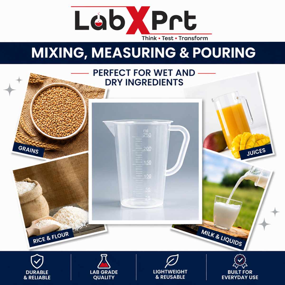 Labxprt Polypropylene Measuring Jug  with Handle, Easy Pour Spout & Graduation Scale, Reusable Plastic Measuring Container for Kitchen, Laboratory & Industrial Use.