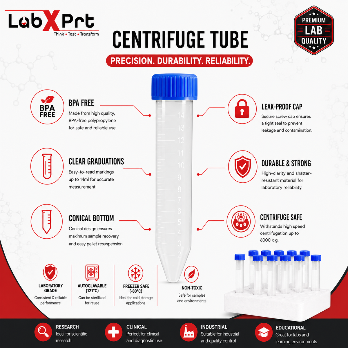 Labxprt Centrifuge Tube Conical Bottom with Screw Caps, Polypropylene Container Microcentrifuge Tube with Graduated Marks For Lab Laboratory