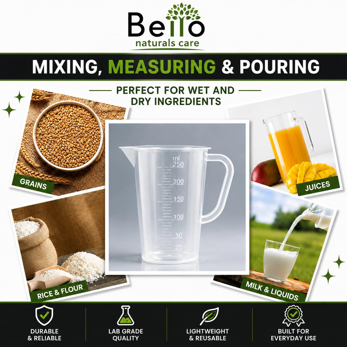 Bello Polypropylene Measuring Jug with Handle Pour Spout Container for Kitchen Lab