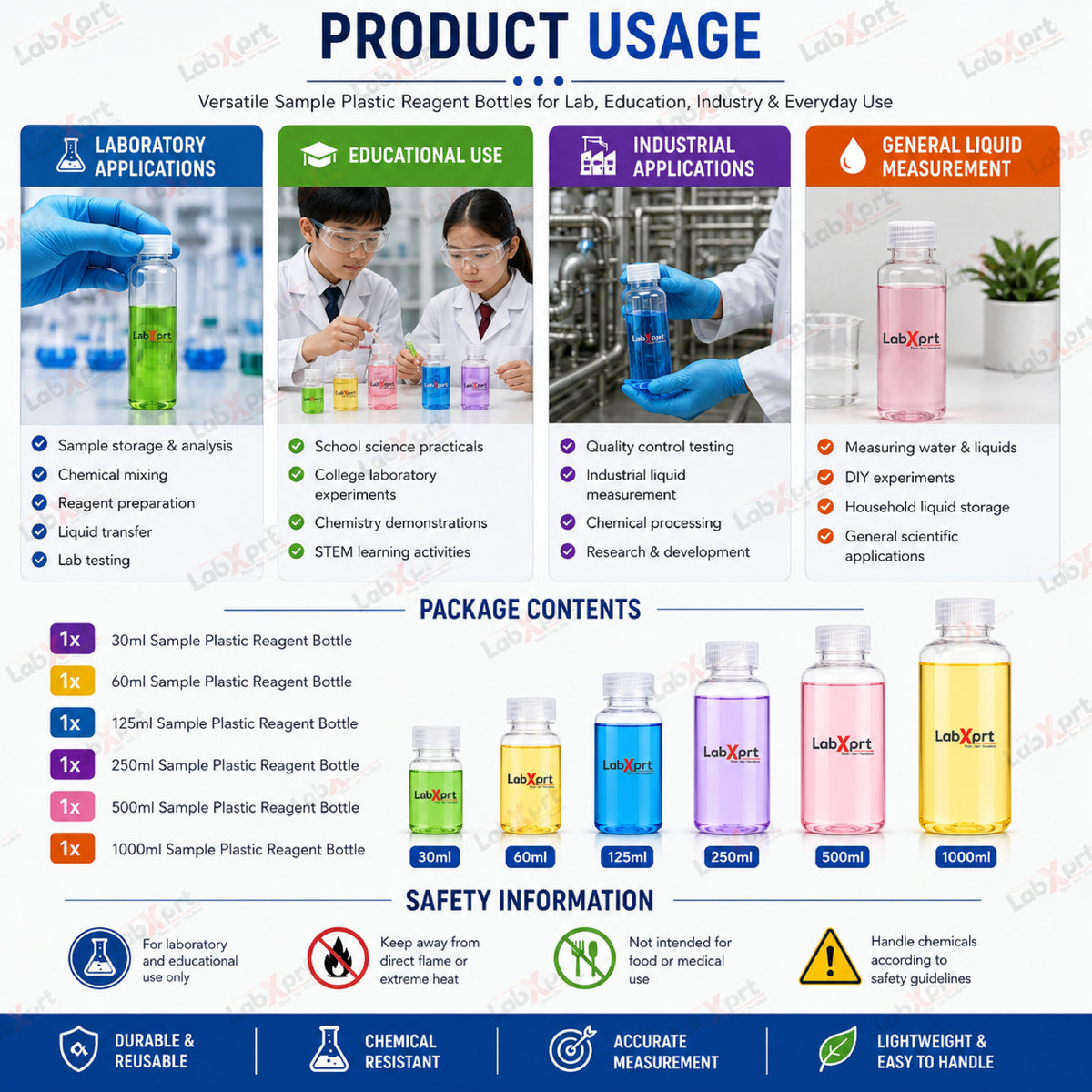 LABXPRT Polypropylene Wide Mouth Reagent Bottles, Translucent Plastic Sample Storage Containers with Screw Cap, Laboratory Water Sample & Liquid Storage Bottles,
