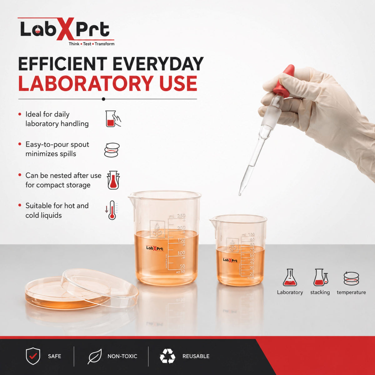 Labxprt Polypropylene Plastic Beaker 50ml, 500ml,1000ml with Graduation Marks, Set of 3 Transparent Reusable for Laboratory, Kitchen, Cooking, Liquid & Solid Measurement | Embossed Scale