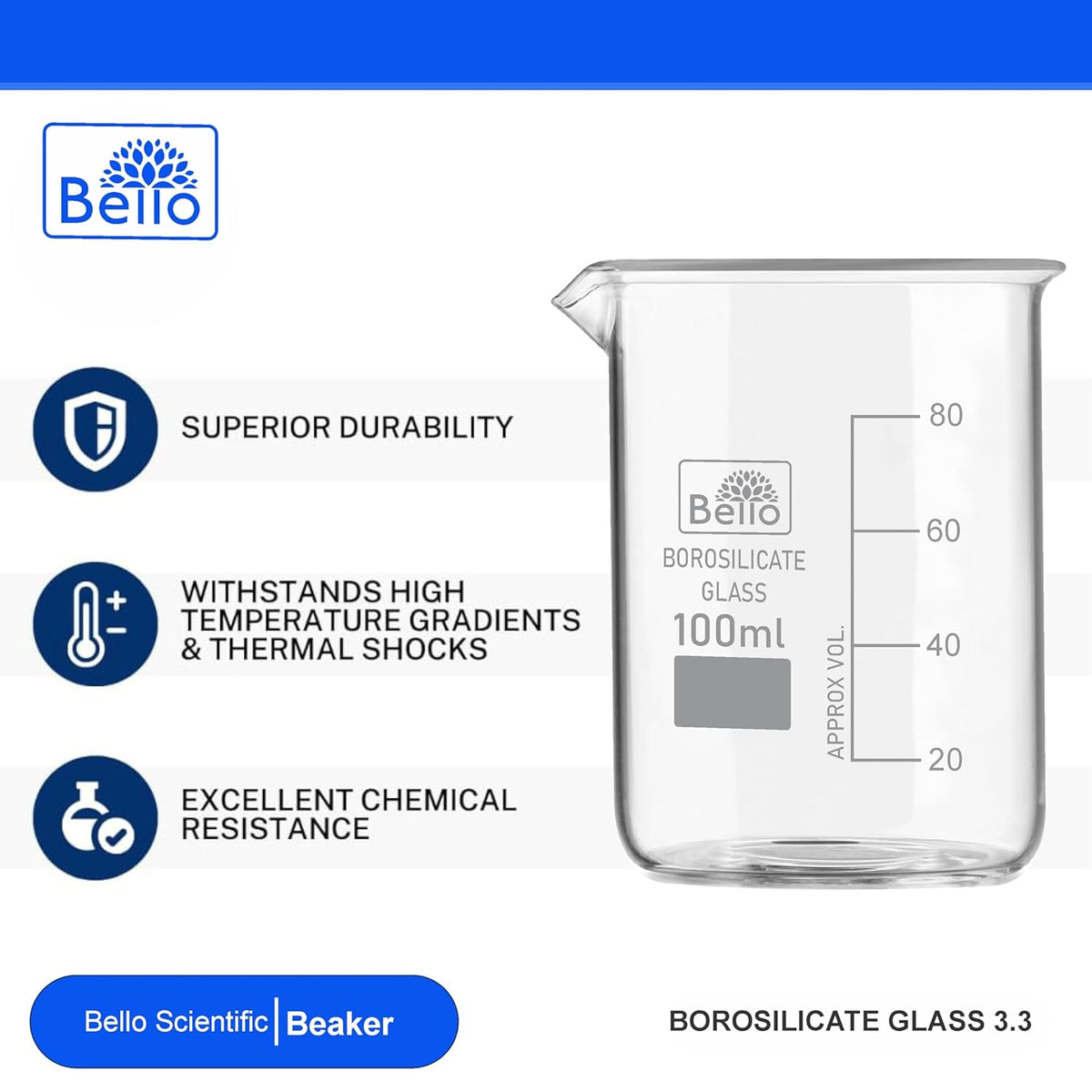 Bello Borosilicate 3.3 Glass Beaker with Graduation Marks,Beakers for school collage chemistry lab laboratory
