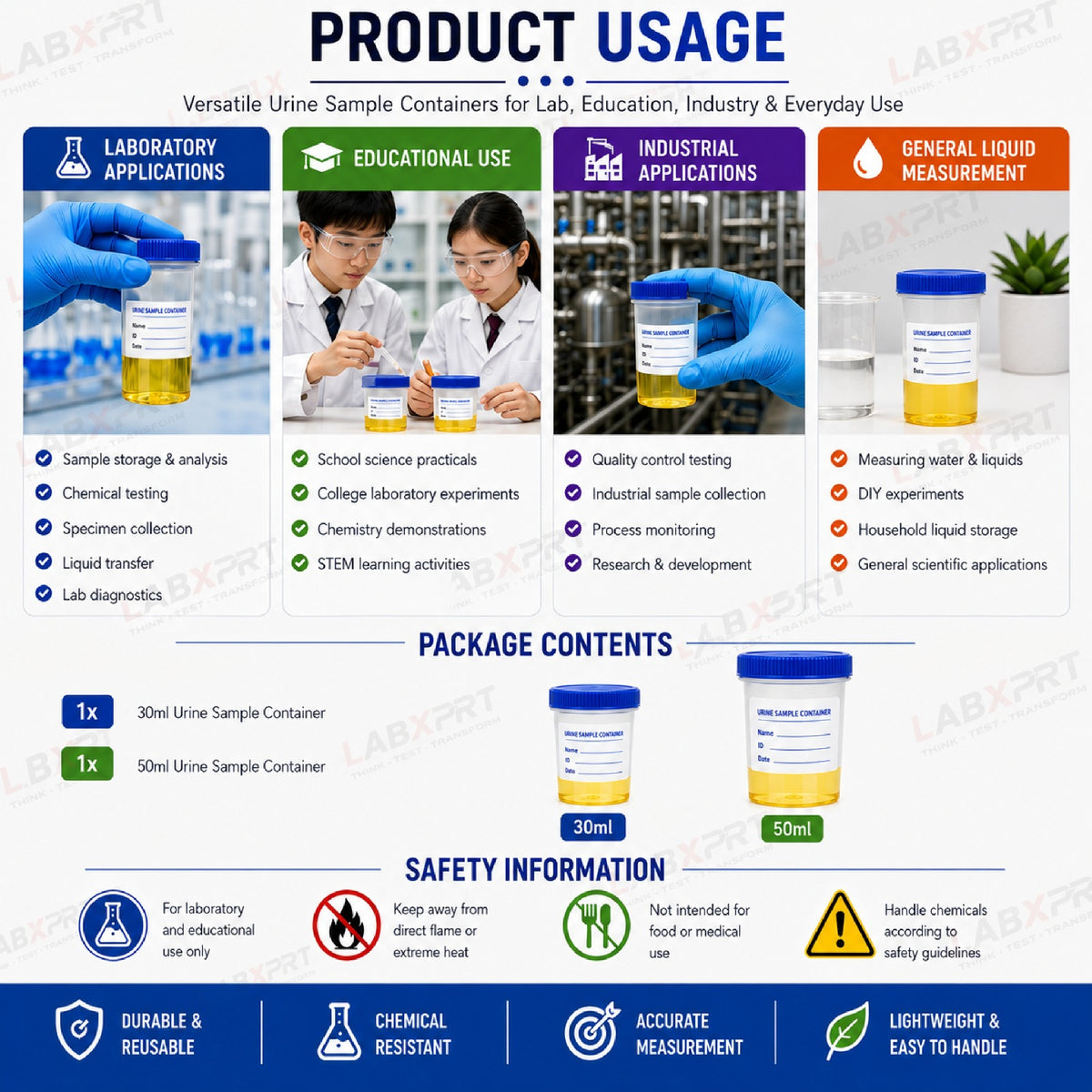 Labxprt Polypropylene Urine Sample Bottles with Lid for school collage chemistry lab laboratory Urine Sample