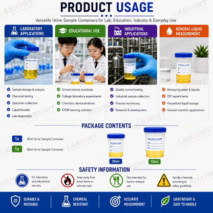 Labxprt Polypropylene Urine Sample Bottles with Lid for school collage chemistry lab laboratory Urine Sample