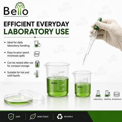 Bello Polypropylene Plastic Beaker 100 ml, 250 ml, 500 ml, 1000 ml with Graduation Marks, Set of 4 Beakers