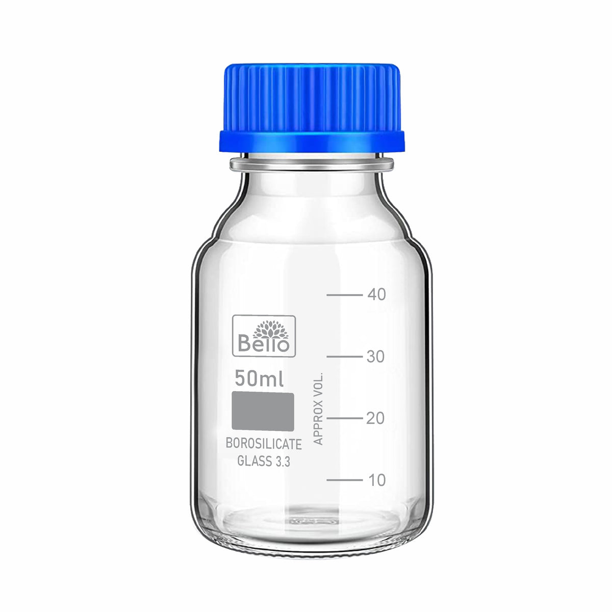 Bello Borosilicate Glass reagent bottle with leak proof Blue Screw Cap for glassware wide mouth Sample bottles for Liquid, lab, laboratory, kitchen and professional use