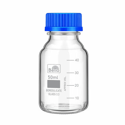 Bello Borosilicate Glass reagent bottle with leak proof Blue Screw Cap for glassware wide mouth Sample bottles for Liquid, lab, laboratory, kitchen and professional use