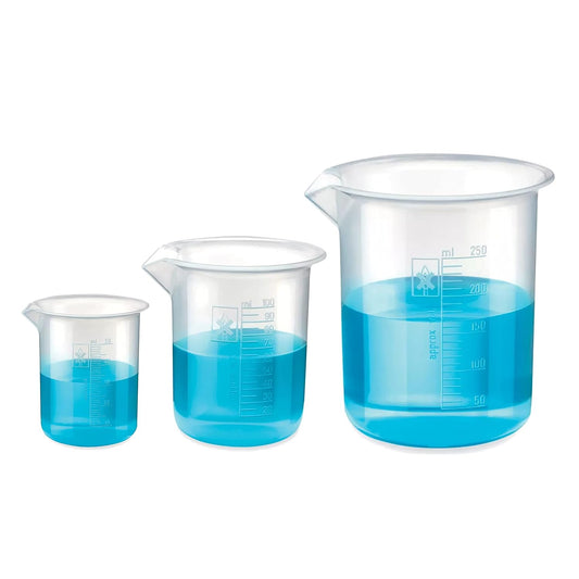 Bello Polypropylene Plastic Beaker 50 ml, 100 ml, 250 ml with Graduation Marks, Set of 3 Beakers for school collage chemistry lab laboratory