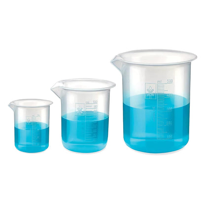 Bello Polypropylene Plastic Beaker 50 ml, 100 ml, 500 ml with Graduation Marks, Set of 3 Beakers for school collage chemistry lab laboratory