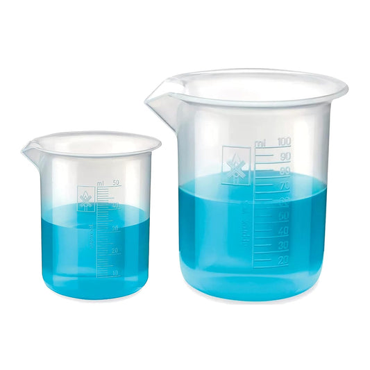 Bello Polypropylene Plastic Beaker 50 ml, 100 ml with Graduation Marks, Set of 2 Beakers for school collage chemistry lab laboratory