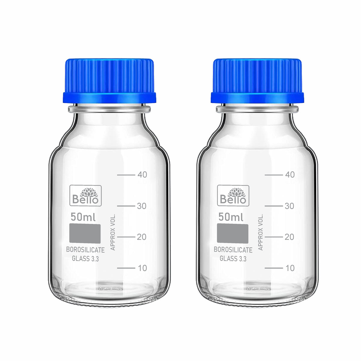Bello Borosilicate Glass reagent bottle with leak proof Blue Screw Cap for glassware wide mouth Sample bottles for Liquid, lab, laboratory, kitchen and professional use