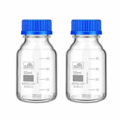 Bello Borosilicate Glass reagent bottle with leak proof Blue Screw Cap for glassware wide mouth Sample bottles for Liquid, lab, laboratory, kitchen and professional use