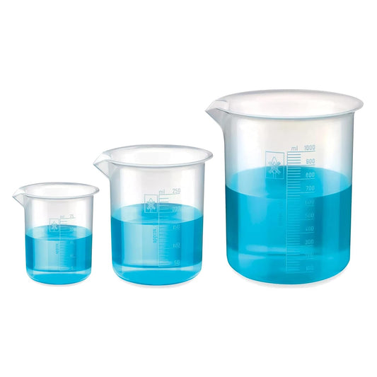 Bello Polypropylene Plastic Beaker 50 ml, 250 ml, 1000 ml with Graduation Marks, Set of 3 Beakers for school collage chemistry lab laboratory