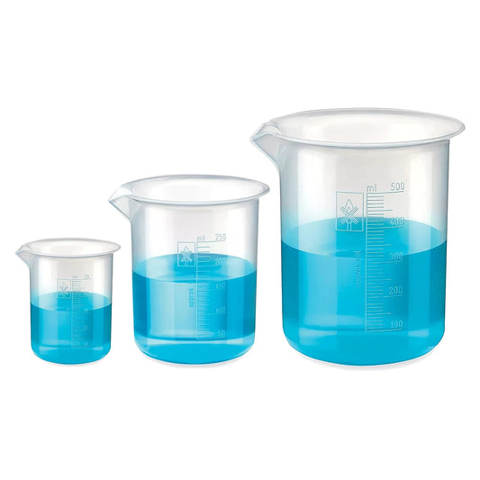 Bello Polypropylene Plastic Beaker 50 ml, 250 ml, 500 ml with Graduation Marks, Set of 3 Beakers for school collage chemistry lab laboratory