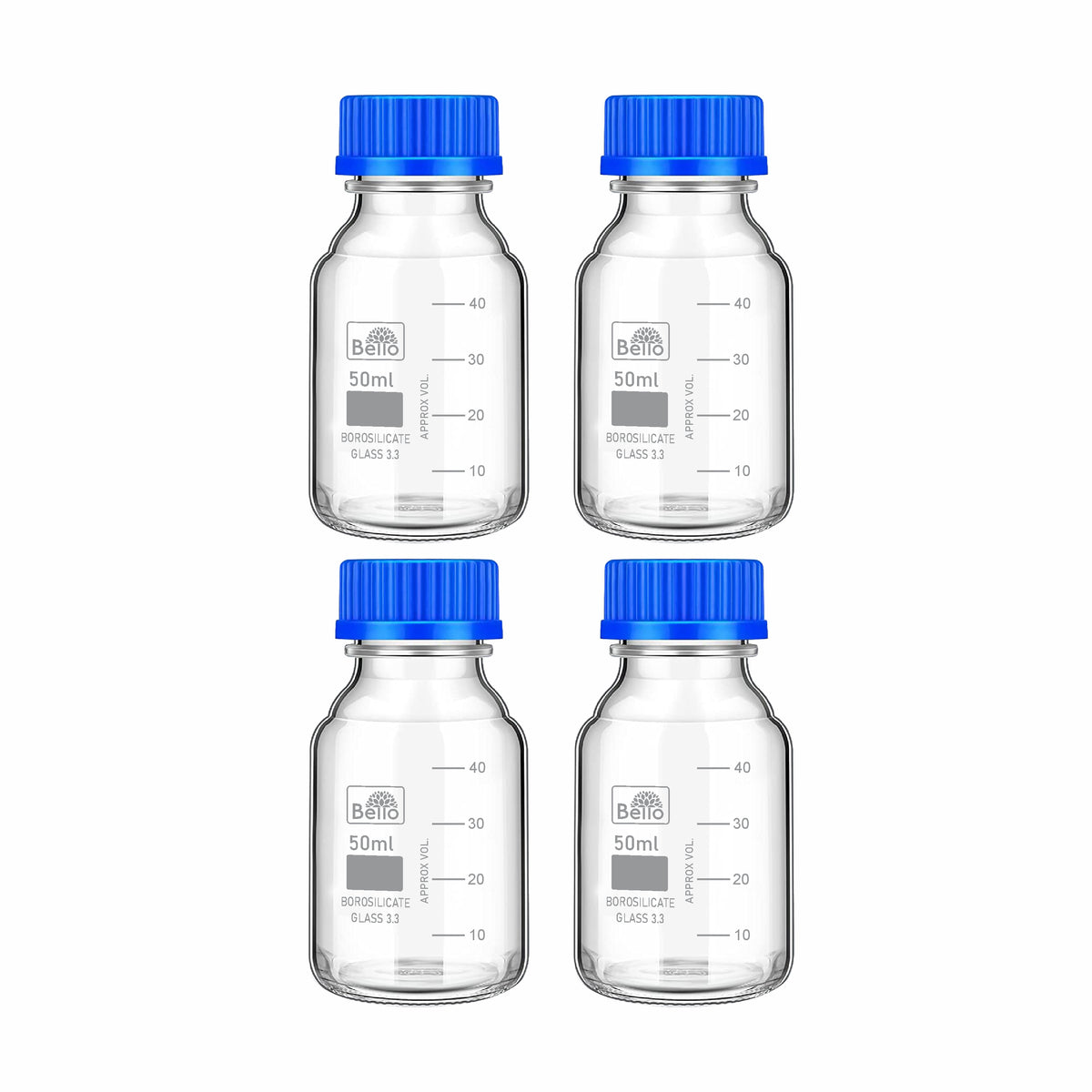 Bello Borosilicate Glass reagent bottle with leak proof Blue Screw Cap for glassware wide mouth Sample bottles for Liquid, lab, laboratory, kitchen and professional use