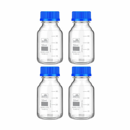 Bello Borosilicate Glass reagent bottle with leak proof Blue Screw Cap for glassware wide mouth Sample bottles for Liquid, lab, laboratory, kitchen and professional use