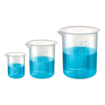 Bello Polypropylene Plastic Beaker 50 ml, 500 ml, 1000 ml with Graduation Marks, Set of 3 Beakers for school collage chemistry lab laboratory