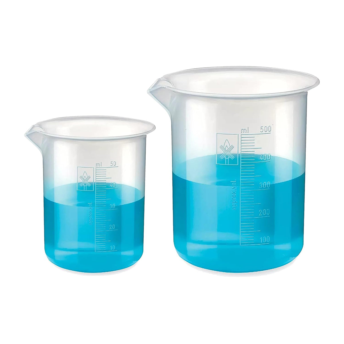 Bello Polypropylene Plastic Beaker 50 ml, 500 ml with Graduation Marks, Set of 2 Beakers for school collage chemistry lab laboratory