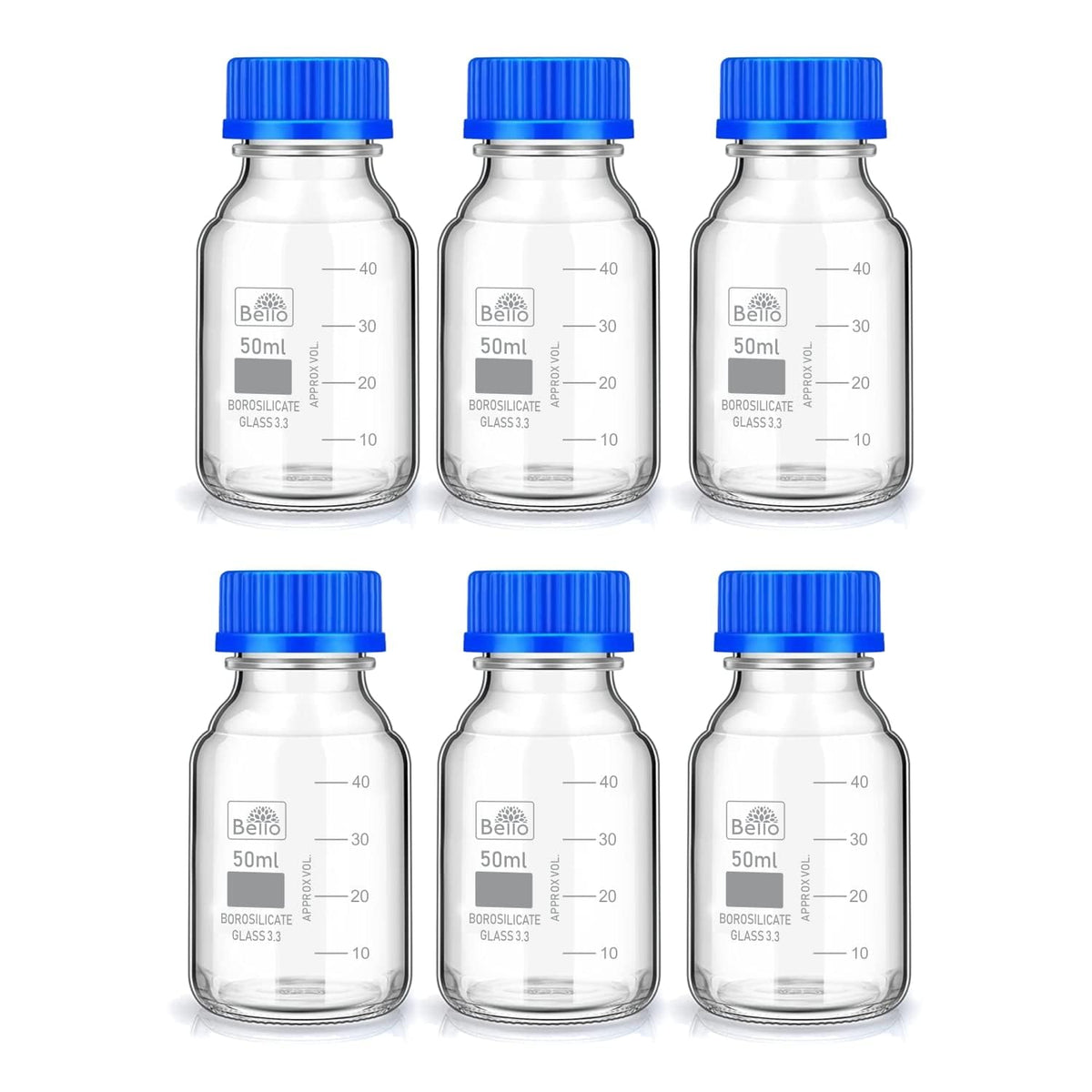 Bello Borosilicate Glass reagent bottle with leak proof Blue Screw Cap for glassware wide mouth Sample bottles for Liquid, lab, laboratory, kitchen and professional use