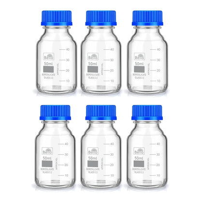 Bello Borosilicate Glass reagent bottle with leak proof Blue Screw Cap for glassware wide mouth Sample bottles for Liquid, lab, laboratory, kitchen and professional use